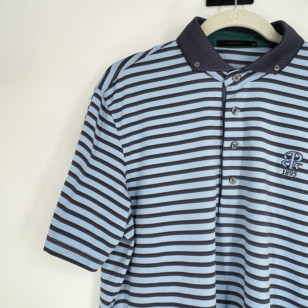 Greyson‎ Polo Shirt Mens Medium Blue Stripe Golf Performance Wolf Logo - Picture 4 of 10